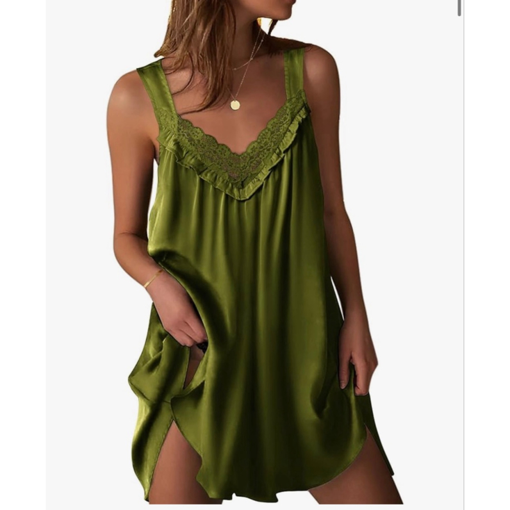 NEW Army Green Satin Lace Chemise Pajama Nightie Dress M